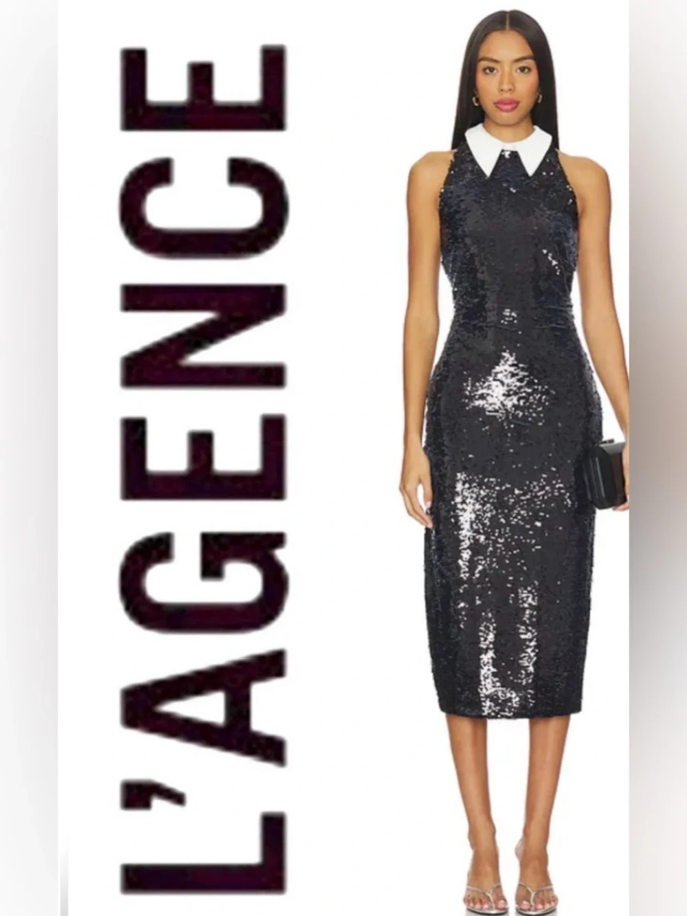 L’AGENCE Lilith Black Sequin Poplin  Midi Dress with White Collar – Size 00